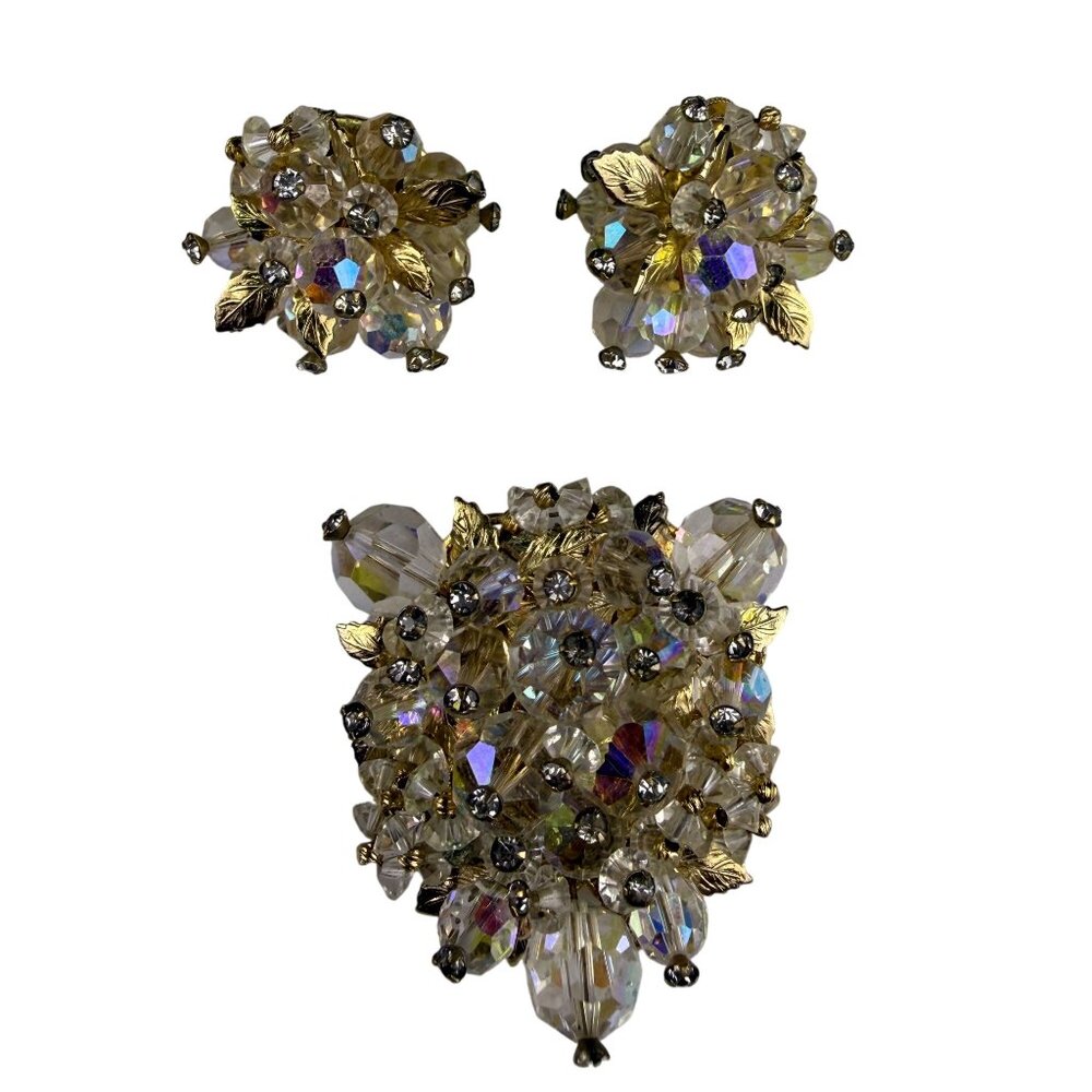 Vtg Vendome Gold Tone Aurora Borealis Crystal Brooch Matching Clip-On Earrings
